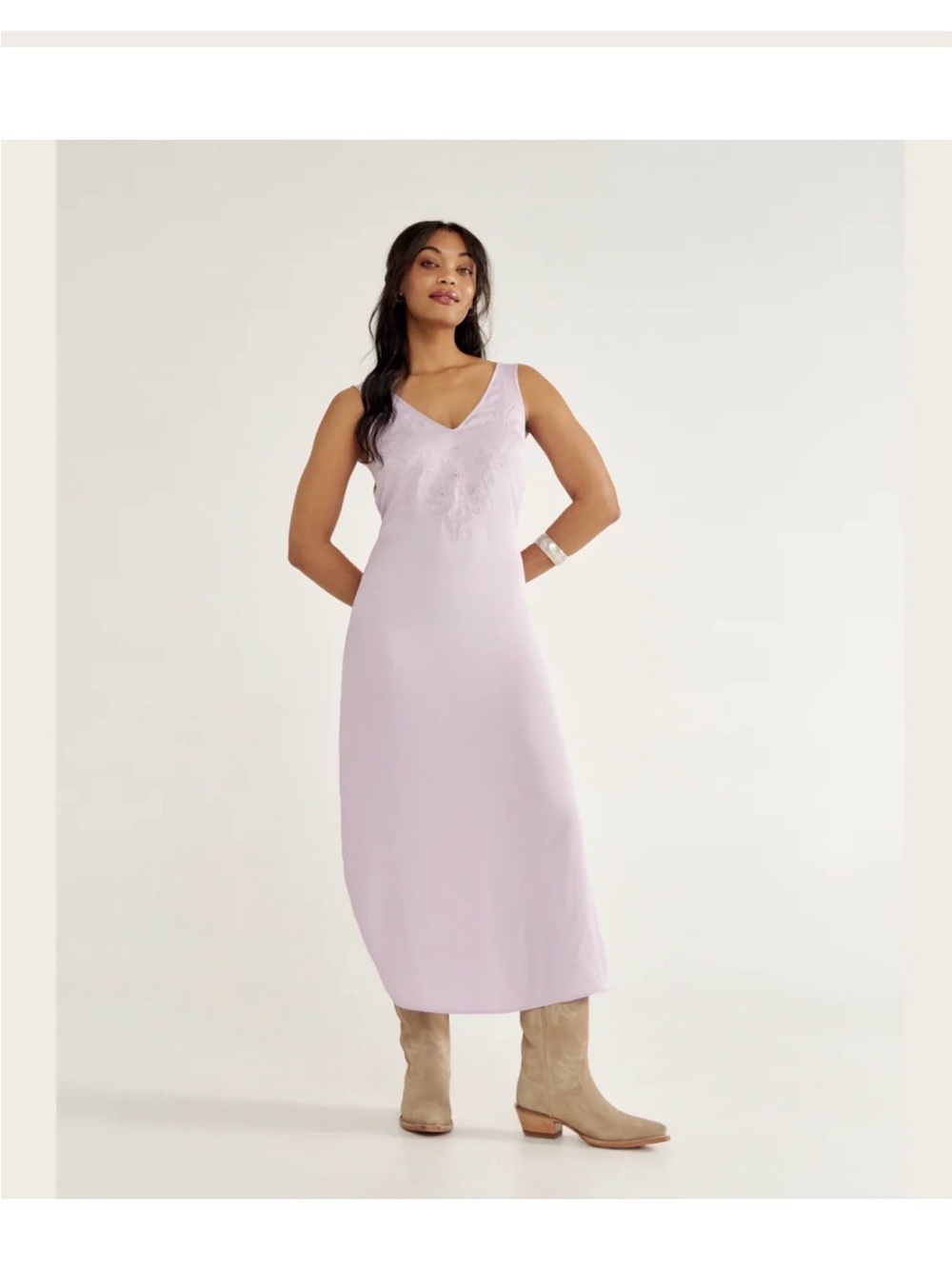 V-Neck Lace-Trim Slip Dress in Light Lavender
